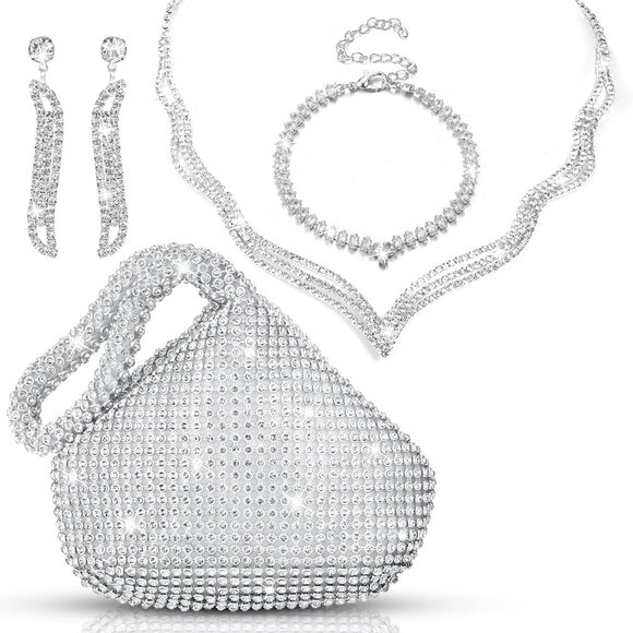 Accessories - Silver Rhinestone Jewelry Set with Clutch Purse for Women Evening Formal